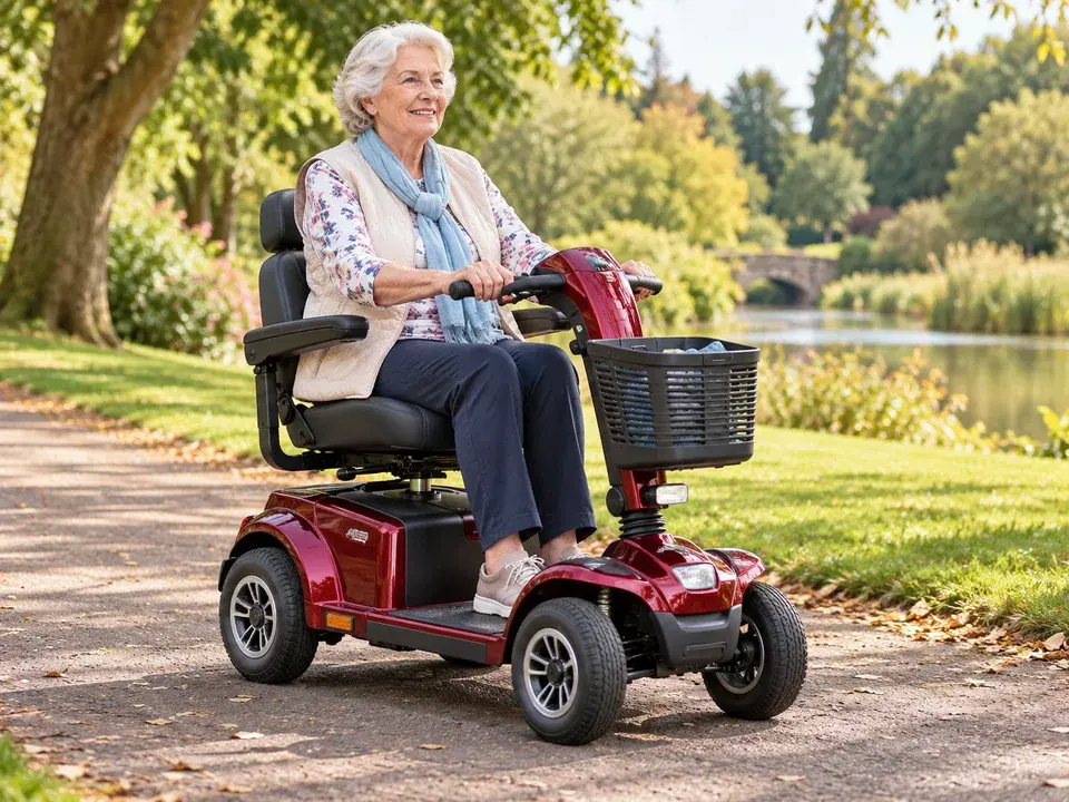 An older adult using a mobility scooter in a park